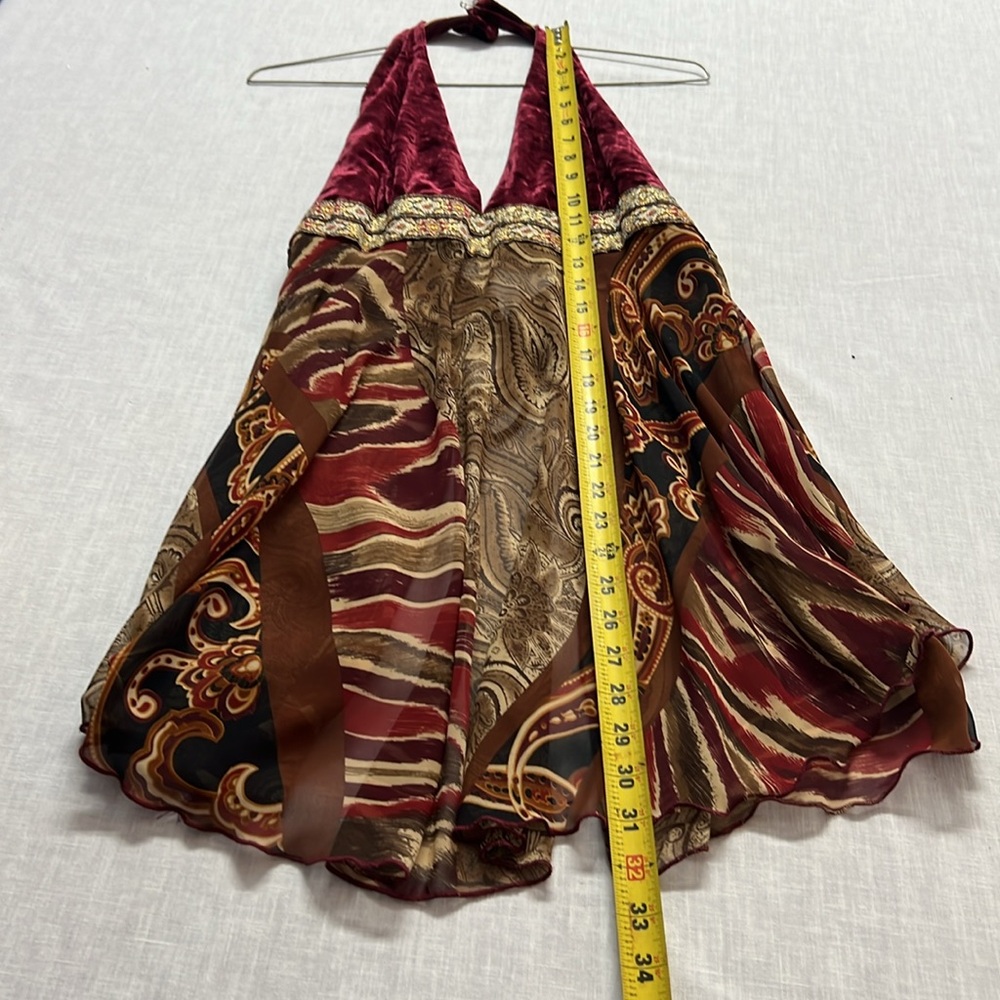 🌞 Miss Me Vintage velvet maroon halter sheer tunic open/lace-up back women S - Picture 13 of 16